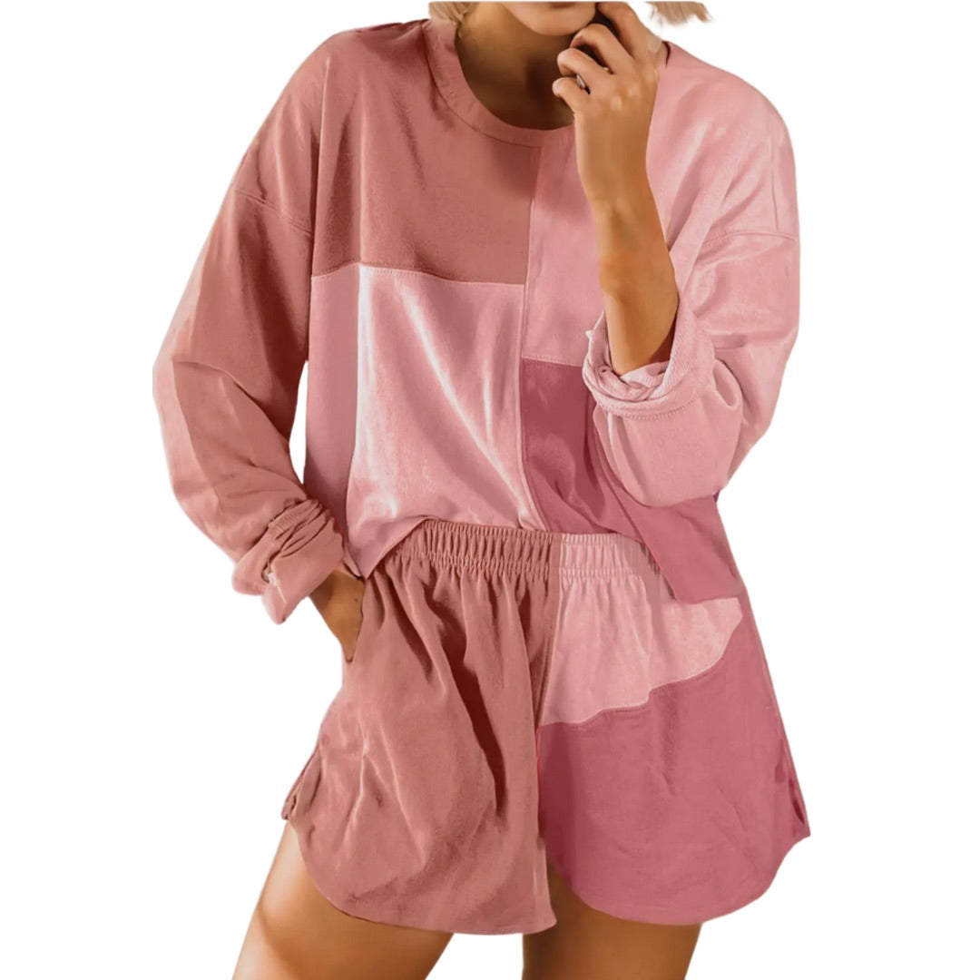 Color-block Patchwork Short Set - Pink
