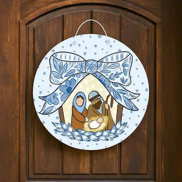 Blue Ribbon Bow Nativity Door Hanger