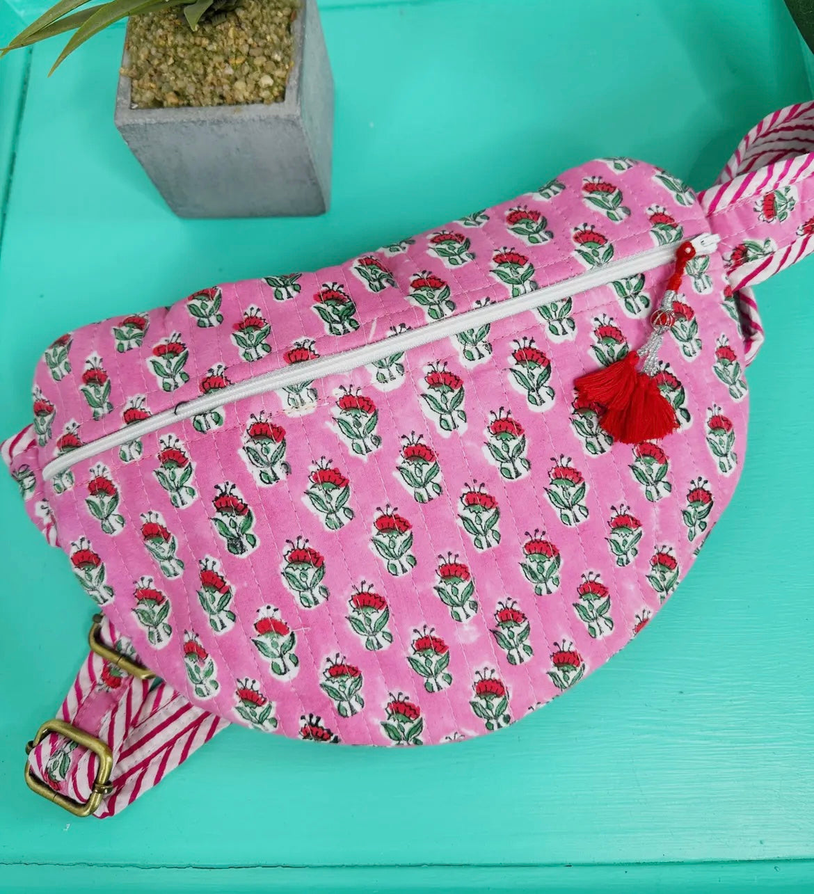 Quilted Belt Bag - Pink, Red Floral