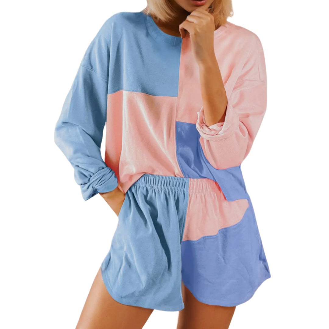 Color-block Patchwork Short Set - Blue