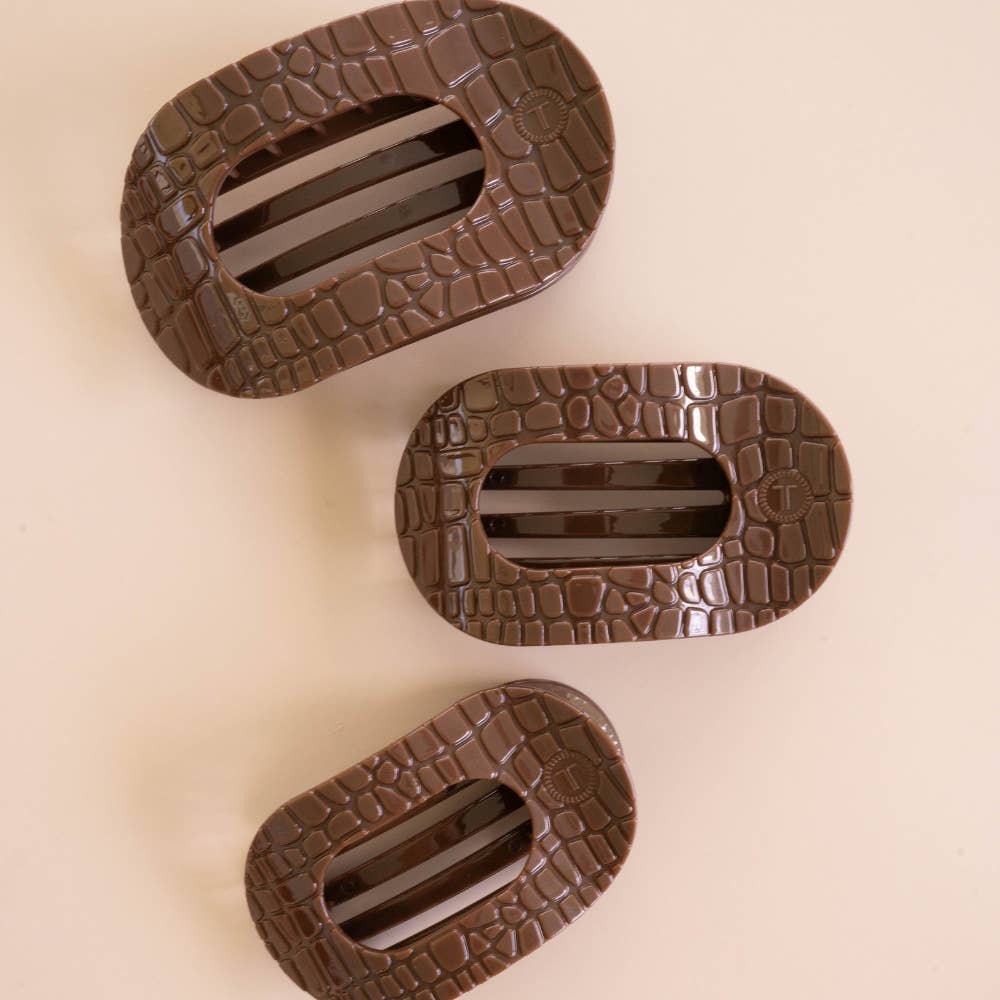 Teleties Brown Crocodile | Large| Flat Round Hair Clip