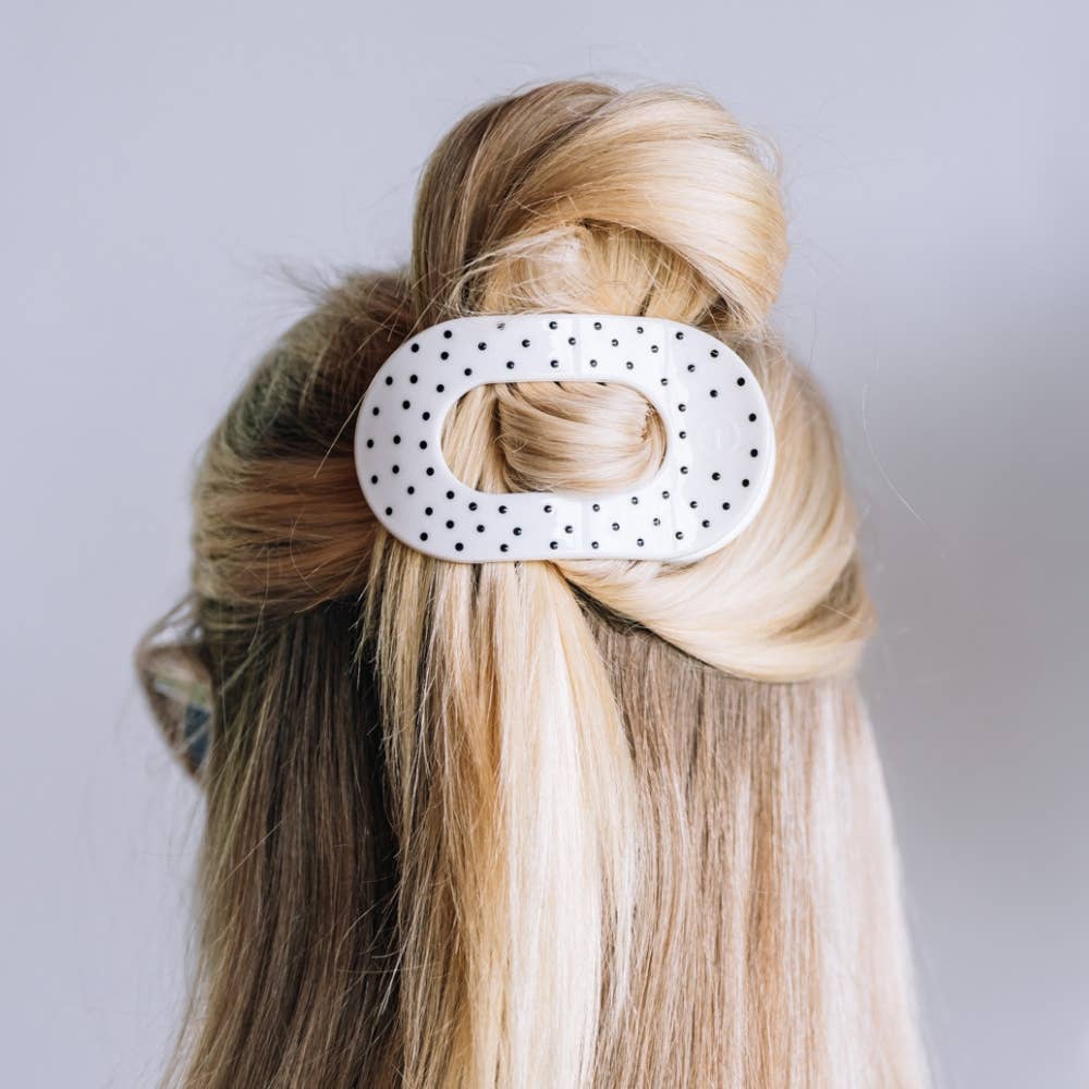 Teleties Flat Round | White Polka Dot Party | Medium Hair Clip