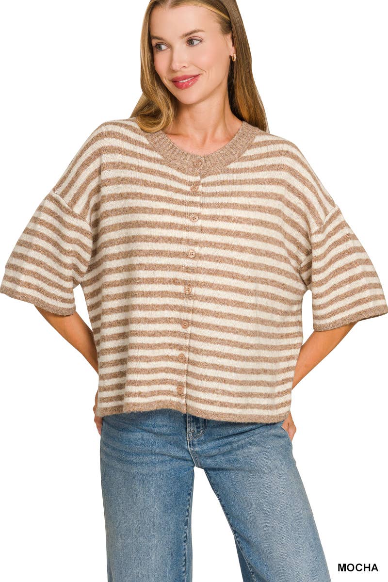Striped Wool Blend Short Sleeve Cardigan Sweater