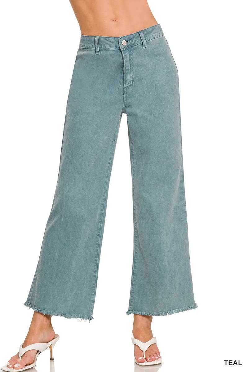 `Acid Wash Frayed Hem Straight Wide Denim Pants Zenana