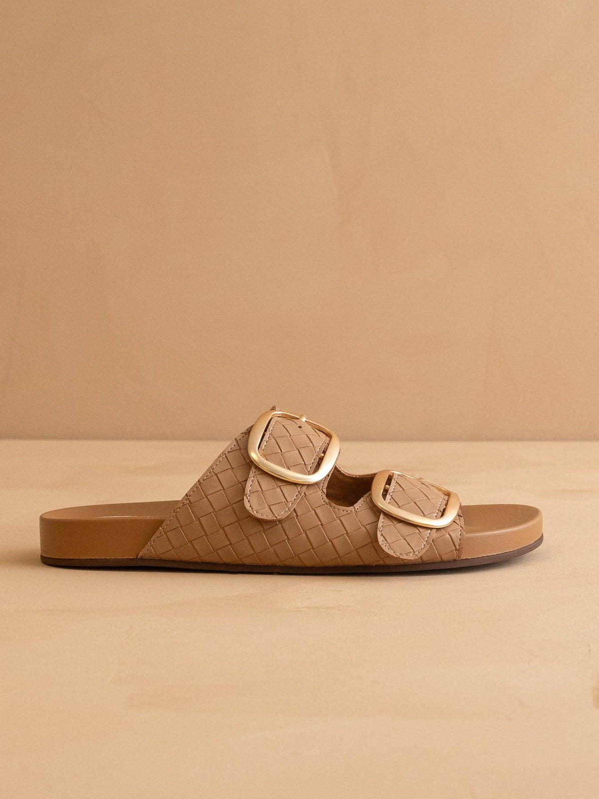 The Desiree | Almond Woven Spring Slide with Gold Buckles