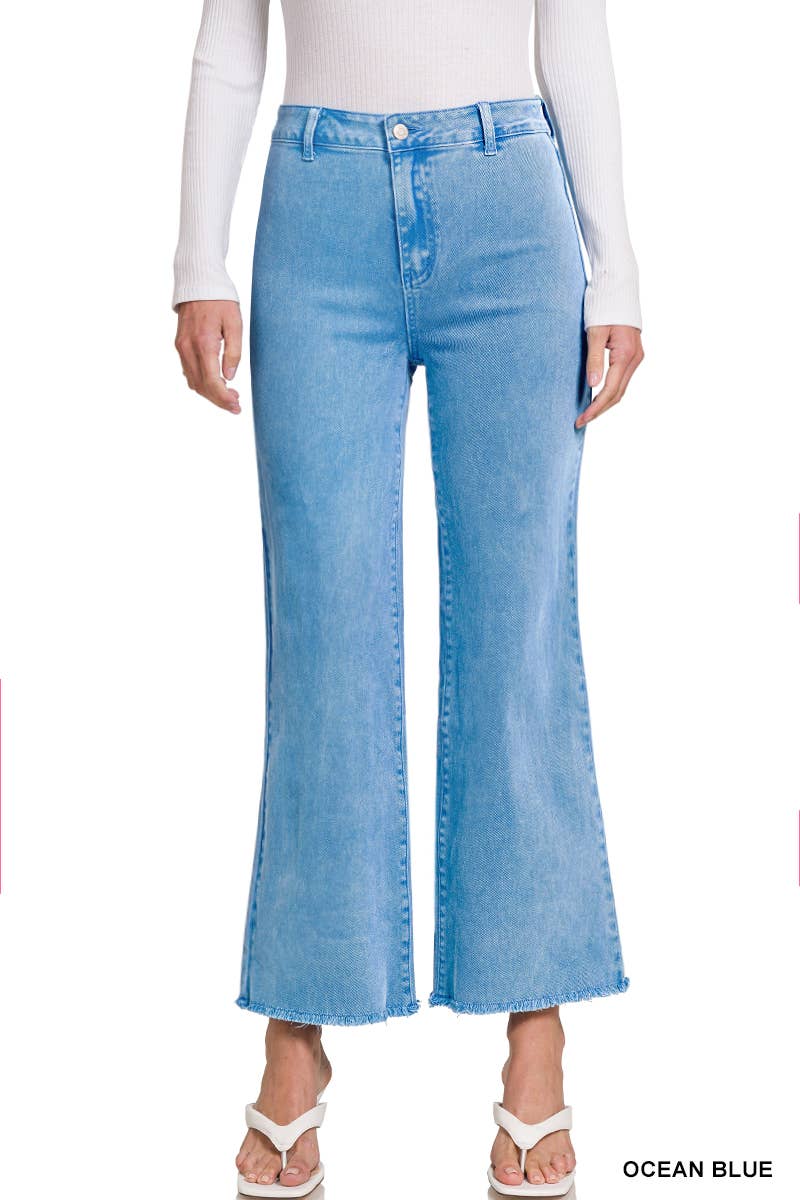 `Acid Wash Frayed Hem Straight Wide Denim Pants Zenana