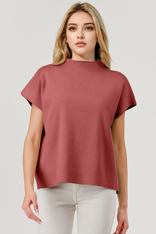 Mock Neck Short Sleeve Sweater Rose