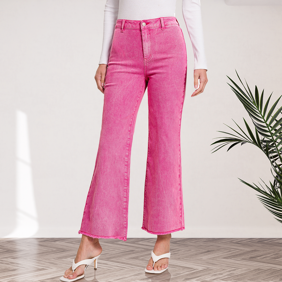 `Acid Wash Frayed Hem Straight Wide Denim Pants Zenana