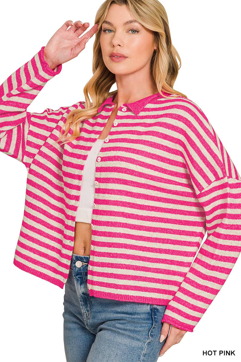 Striped Collared Button Down Sweater Cardigan