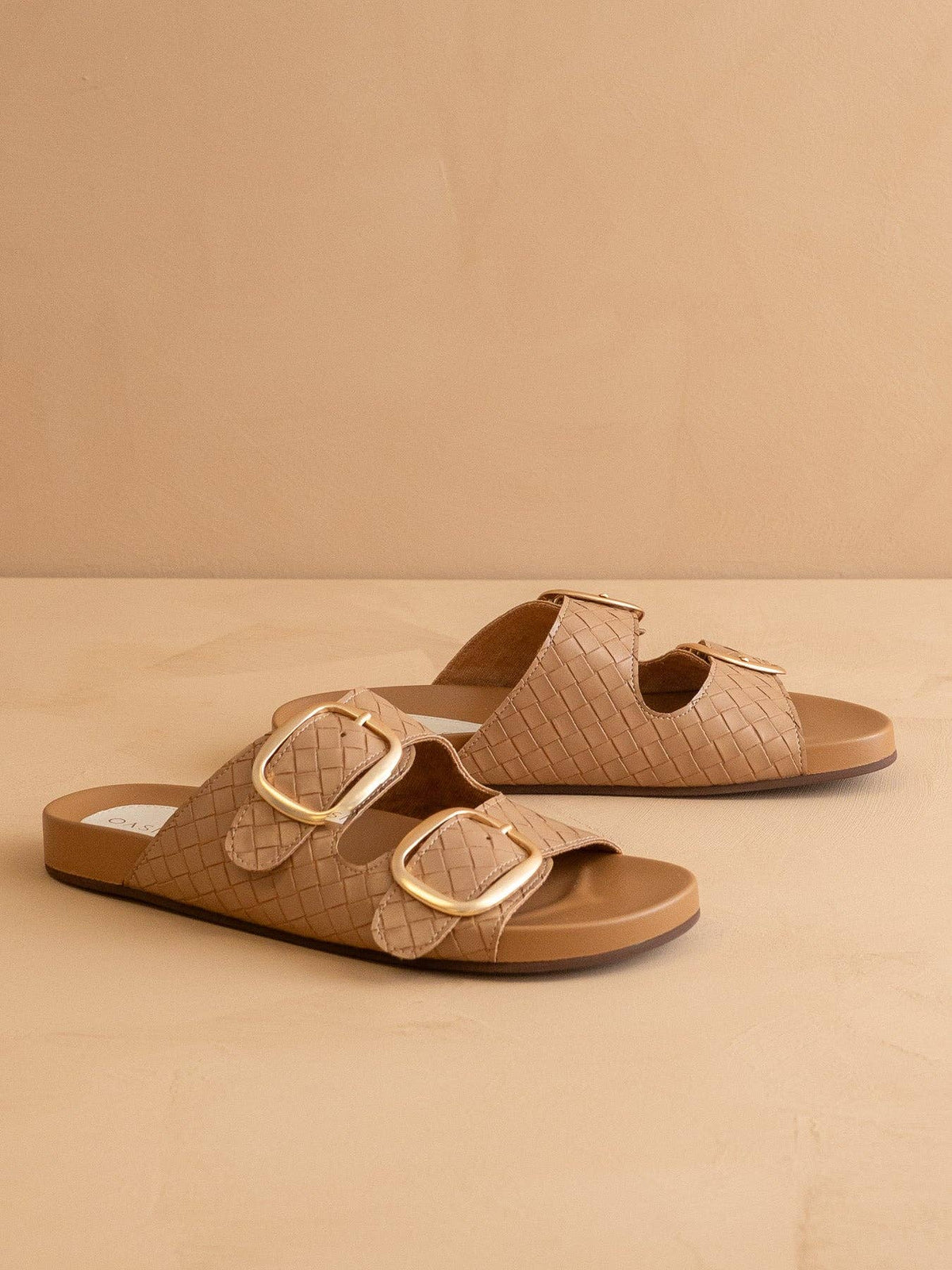 The Desiree | Almond Woven Spring Slide with Gold Buckles