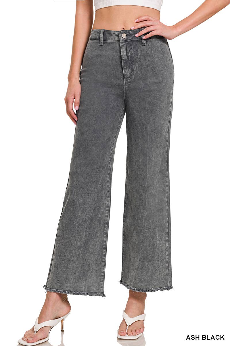 `Acid Wash Frayed Hem Straight Wide Denim Pants Zenana