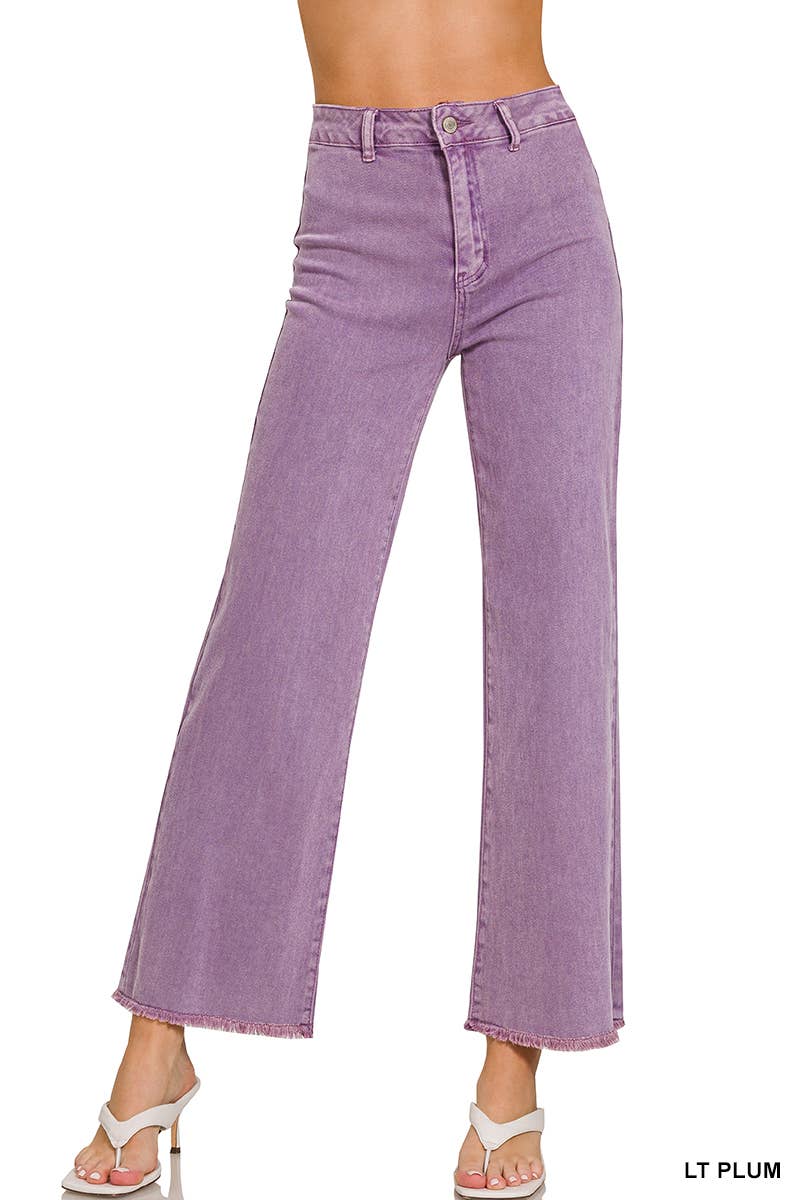 `Acid Wash Frayed Hem Straight Wide Denim Pants Zenana