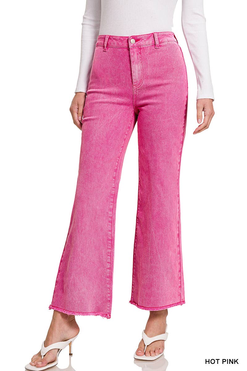 `Acid Wash Frayed Hem Straight Wide Denim Pants Zenana