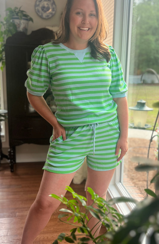 LAS Stripe Puff Sleeve T Shirt Matching Shorts Set (S-4X)