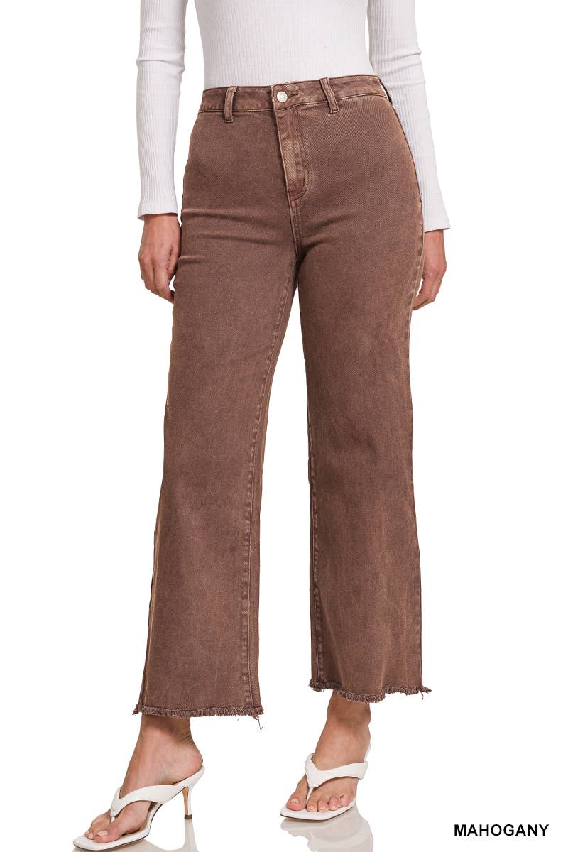 `Acid Wash Frayed Hem Straight Wide Denim Pants Zenana