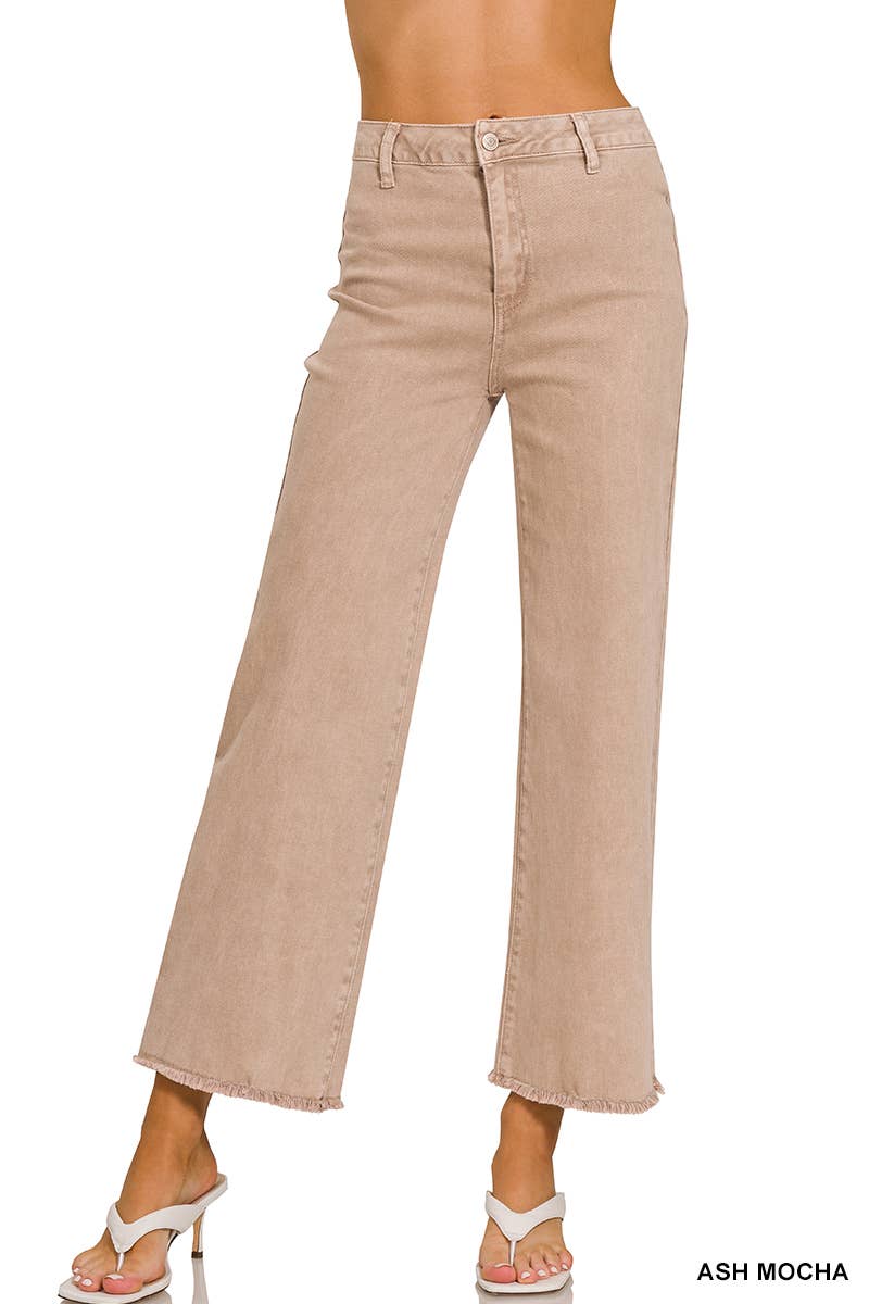 `Acid Wash Frayed Hem Straight Wide Denim Pants Zenana