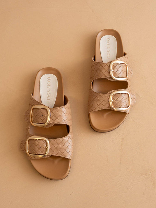 The Desiree | Almond Woven Spring Slide with Gold Buckles
