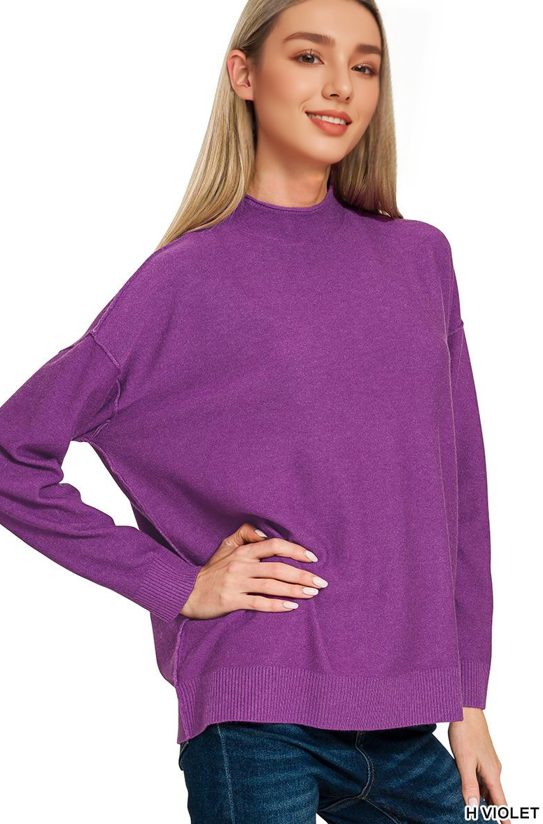 `Viscose Mock Neck Exposed Seam Sweater  Zenana