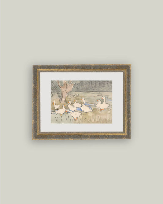 Geese Pond Framed Antique Art