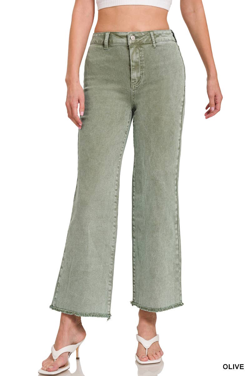 `Acid Wash Frayed Hem Straight Wide Denim Pants Zenana