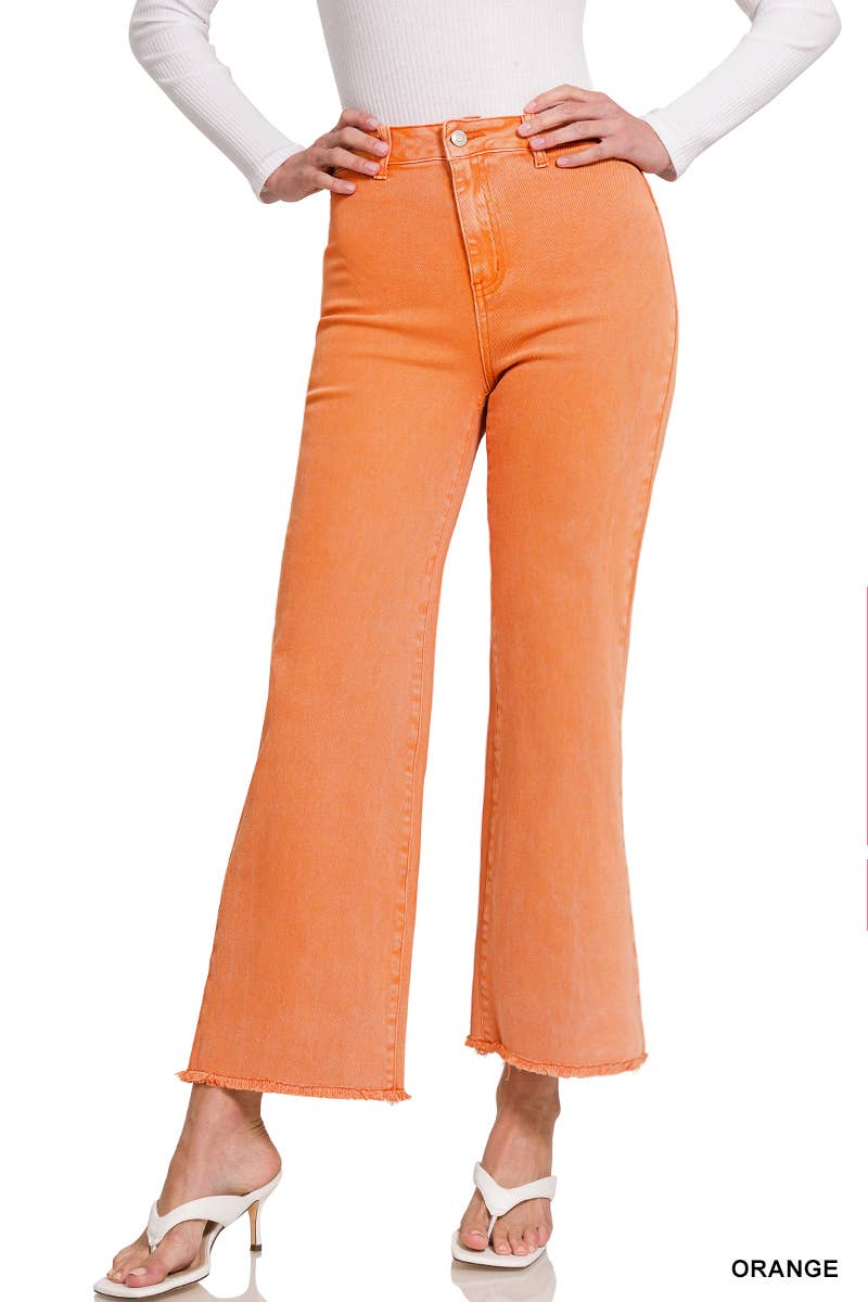 `Acid Wash Frayed Hem Straight Wide Denim Pants Zenana