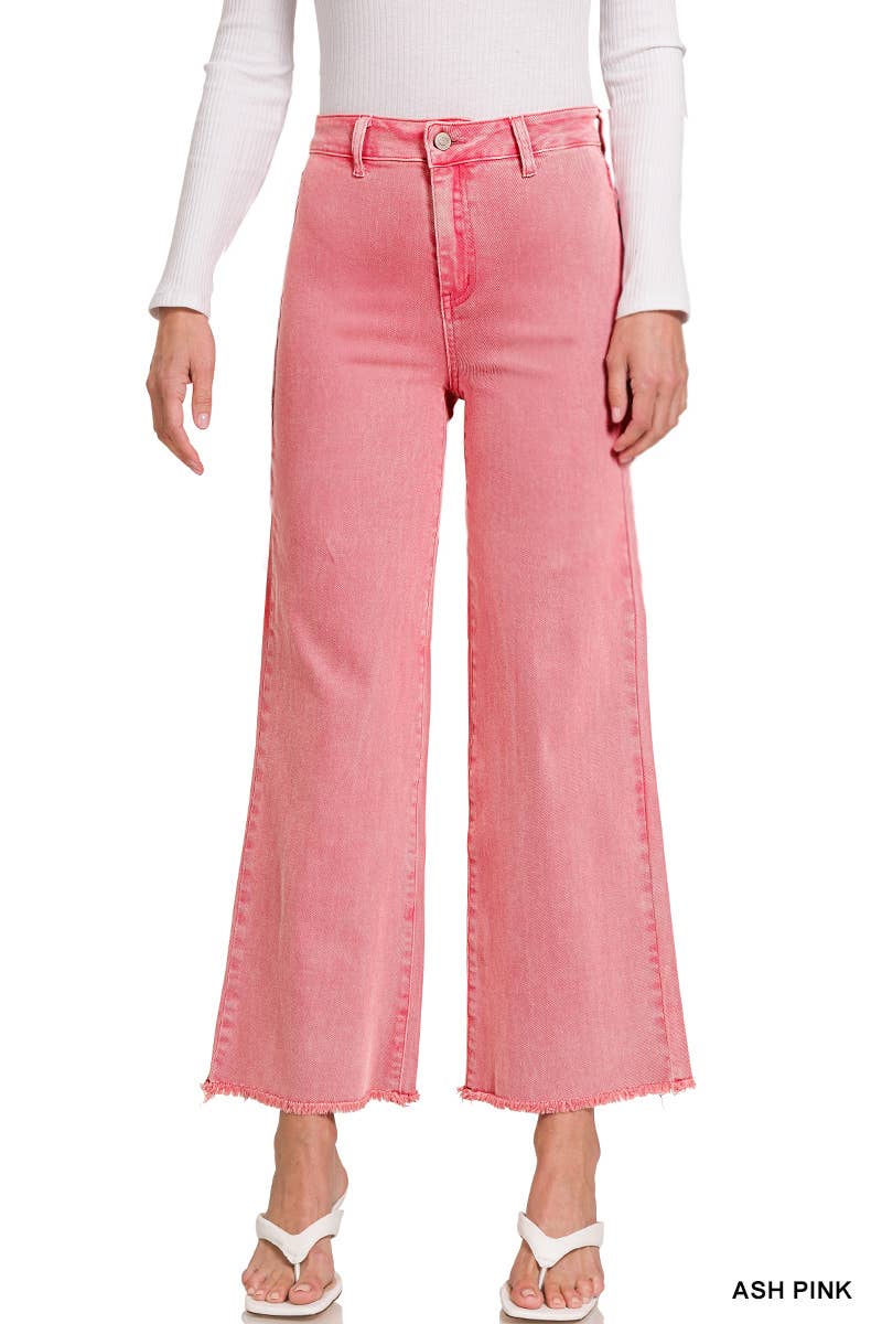 `Acid Wash Frayed Hem Straight Wide Denim Pants Zenana