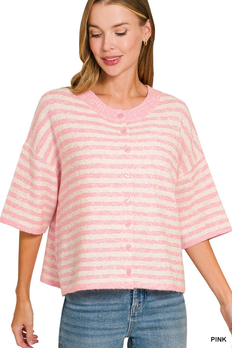 Striped Wool Blend Short Sleeve Cardigan Sweater