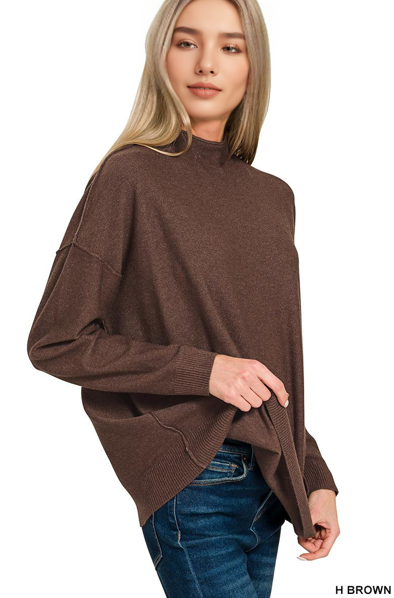 `Viscose Mock Neck Exposed Seam Sweater  Zenana