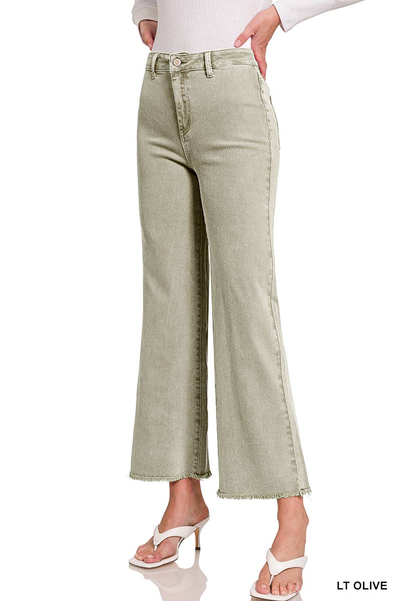 `Acid Wash Frayed Hem Straight Wide Denim Pants Zenana