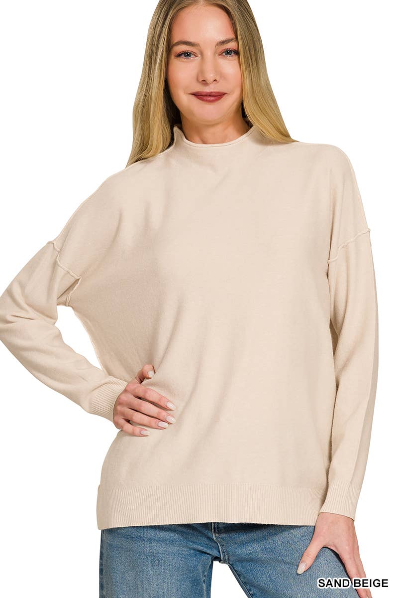`Viscose Mock Neck Exposed Seam Sweater  Zenana
