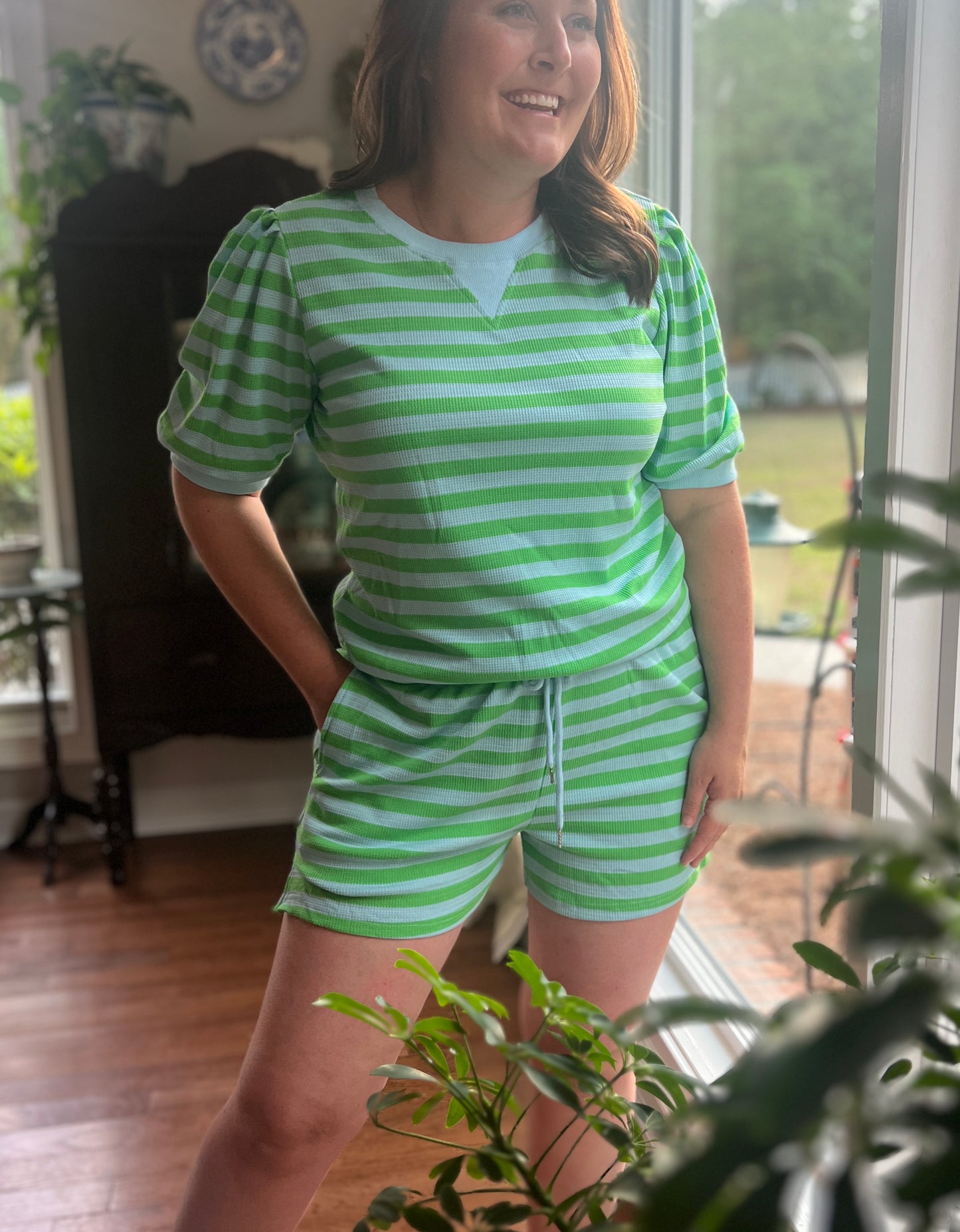 LAS Stripe Puff Sleeve T Shirt Matching Shorts Set (S-4X)