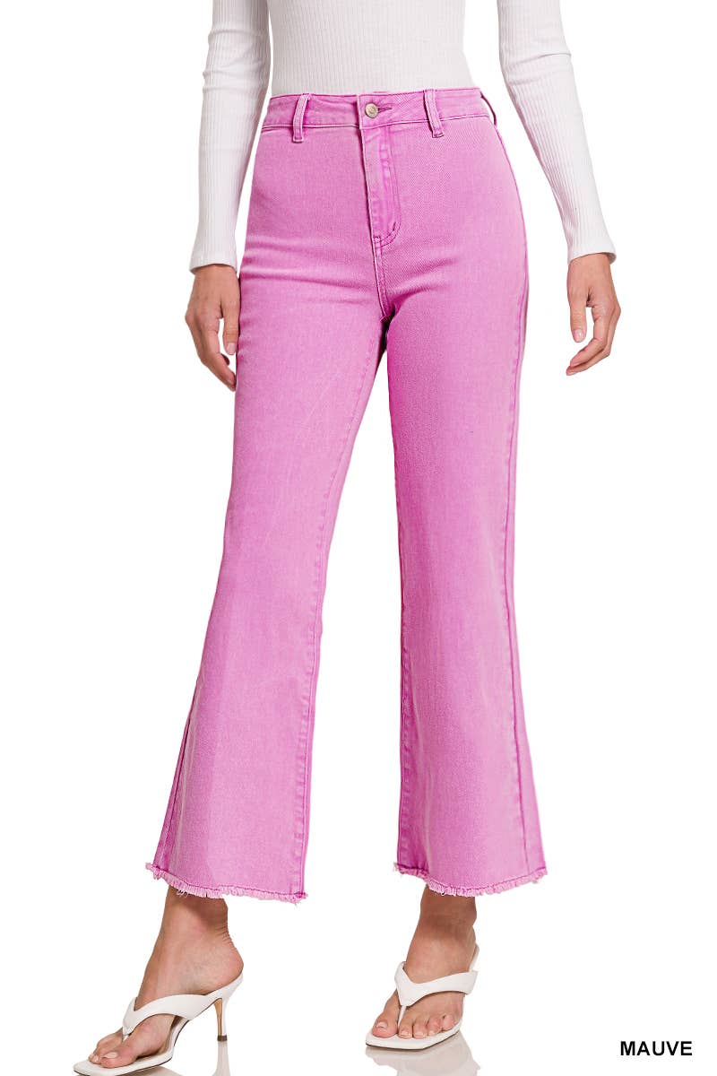 `Acid Wash Frayed Hem Straight Wide Denim Pants Zenana