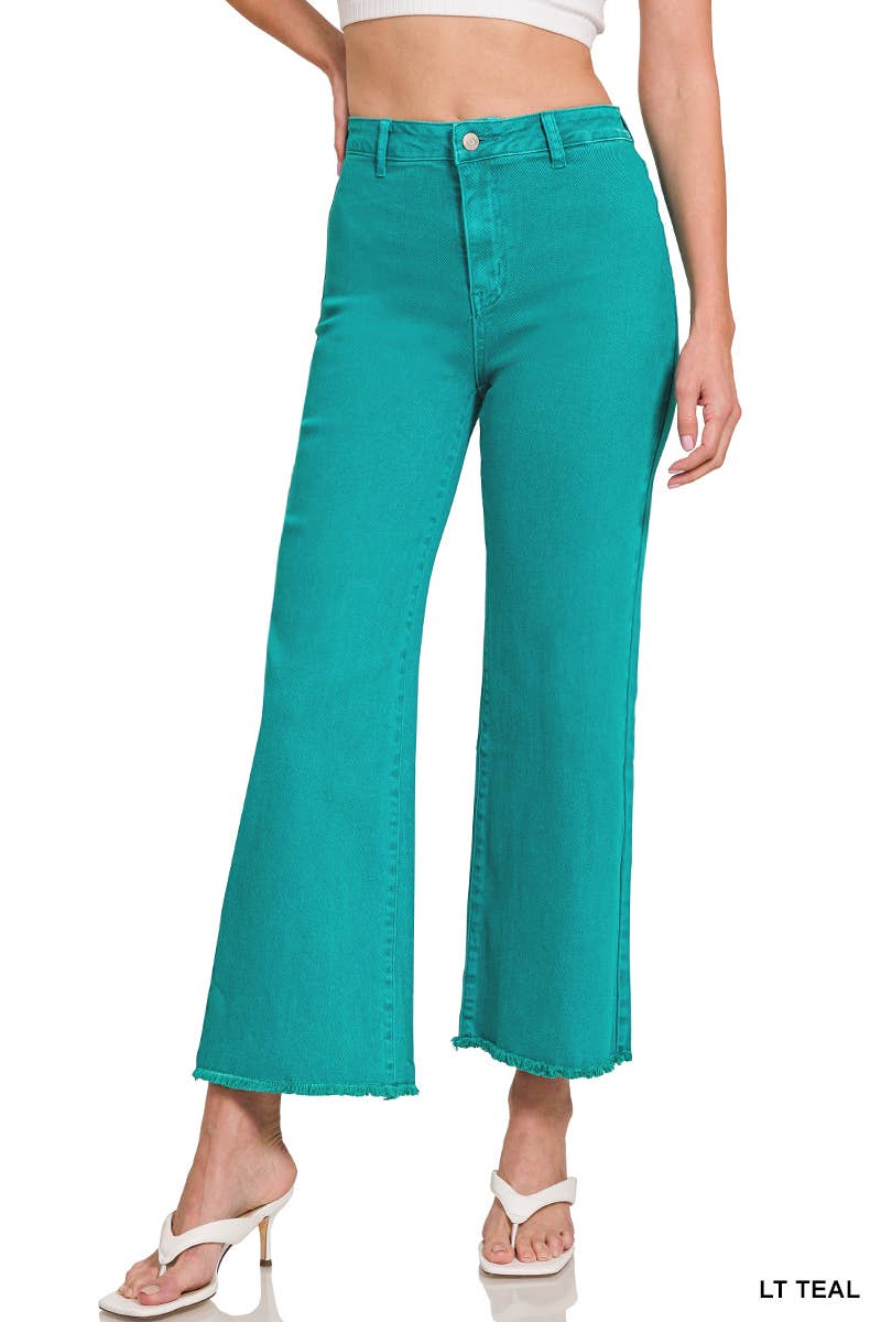 `Acid Wash Frayed Hem Straight Wide Denim Pants Zenana