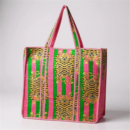 Green and Hot Pink Striped Tiger Tote