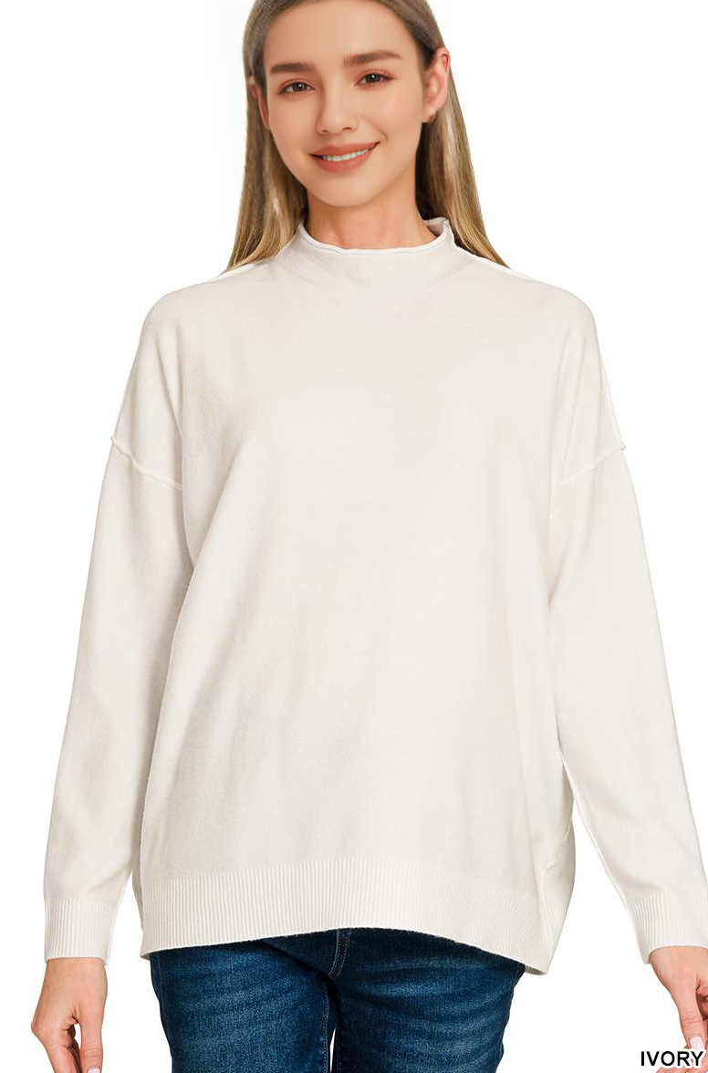 `Viscose Mock Neck Exposed Seam Sweater  Zenana