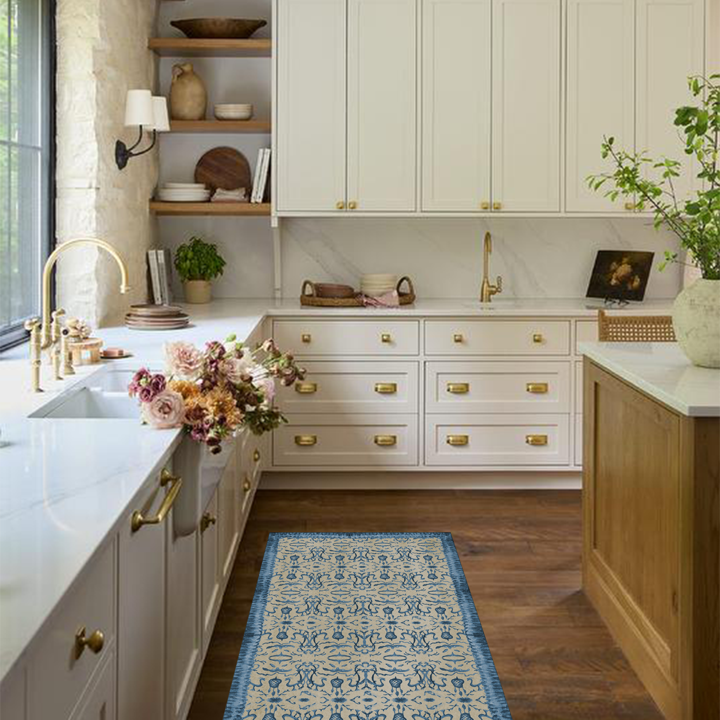 Blue & Tan Chinoiserie Vinyl Floor Mat