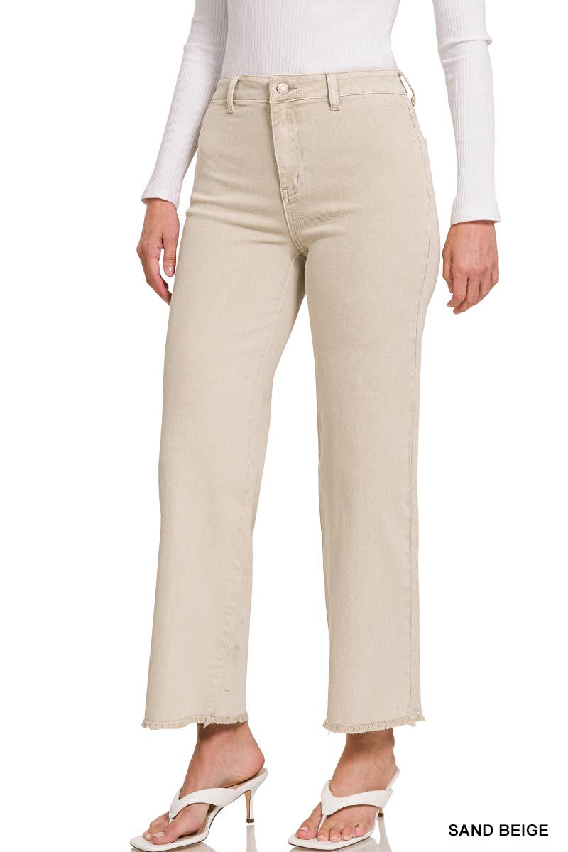 `Acid Wash Frayed Hem Straight Wide Denim Pants Zenana