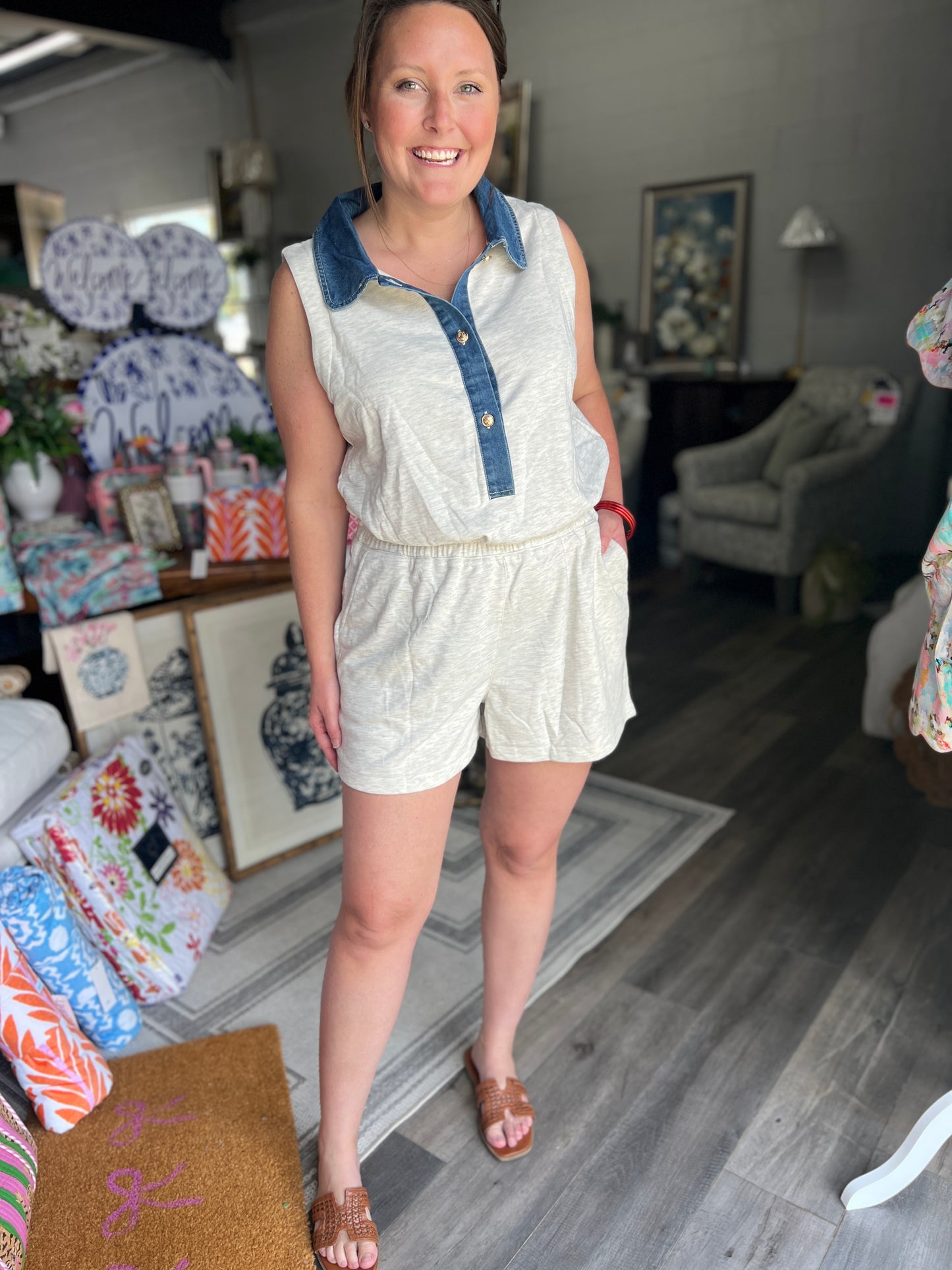 Denim Patchwork Polo Elastic Waist Romper