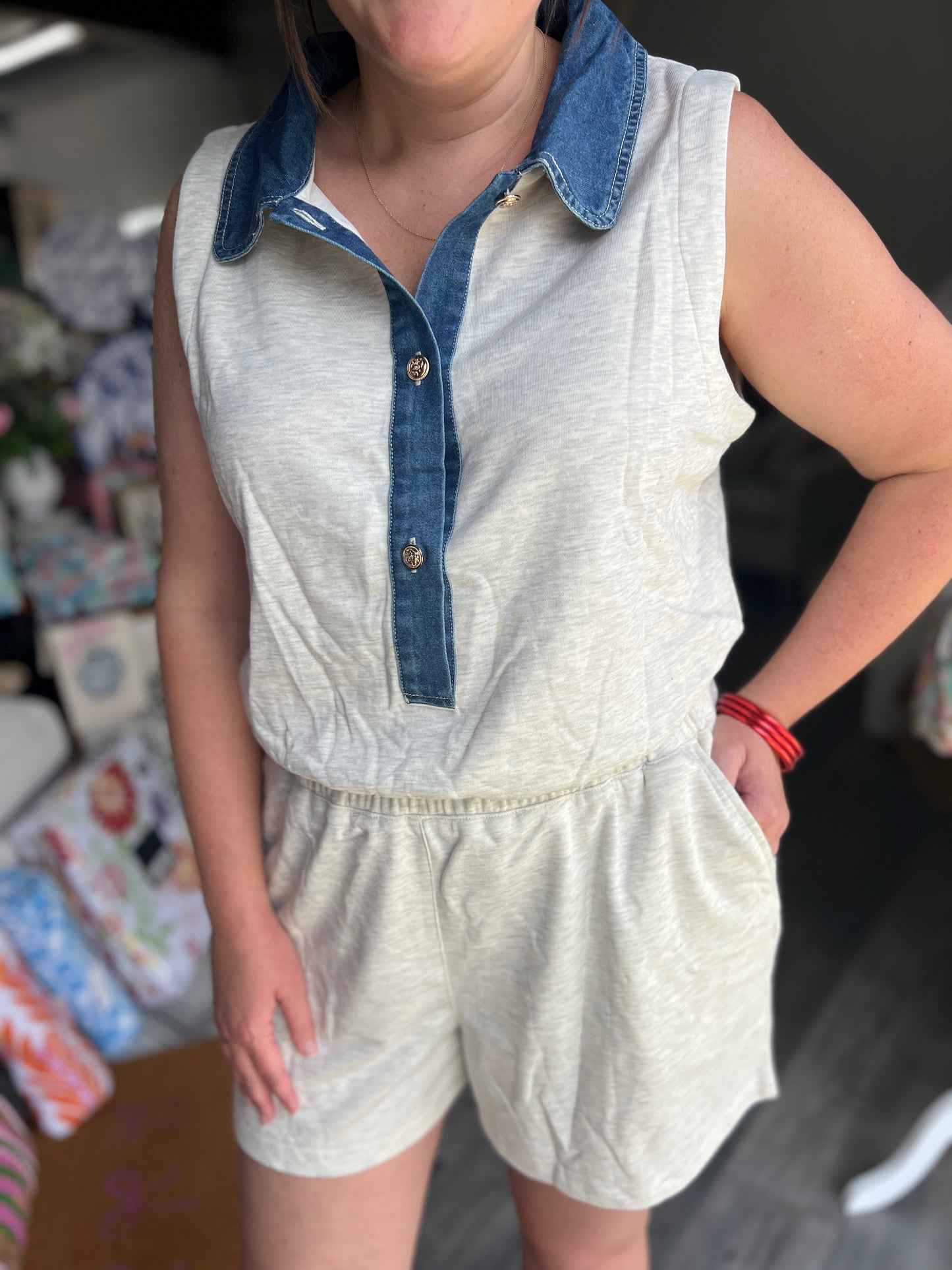 Denim Patchwork Polo Elastic Waist Romper