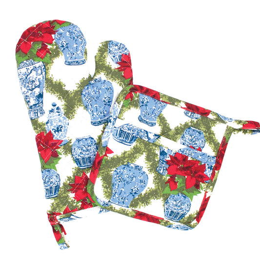 Blue Poinsettia Oven Mitt Set