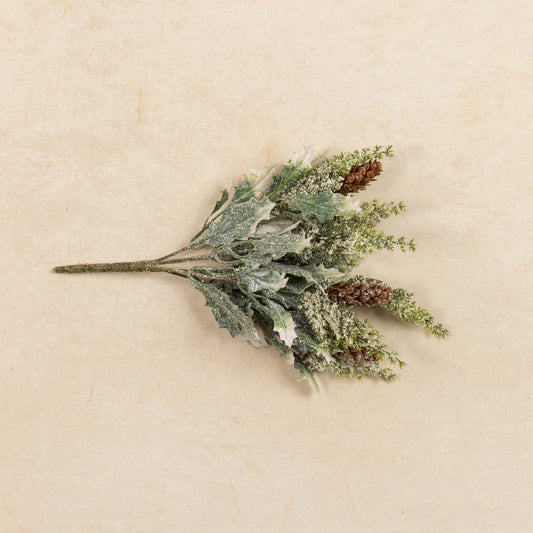 12" Frosted Holly with Pinecones Pick