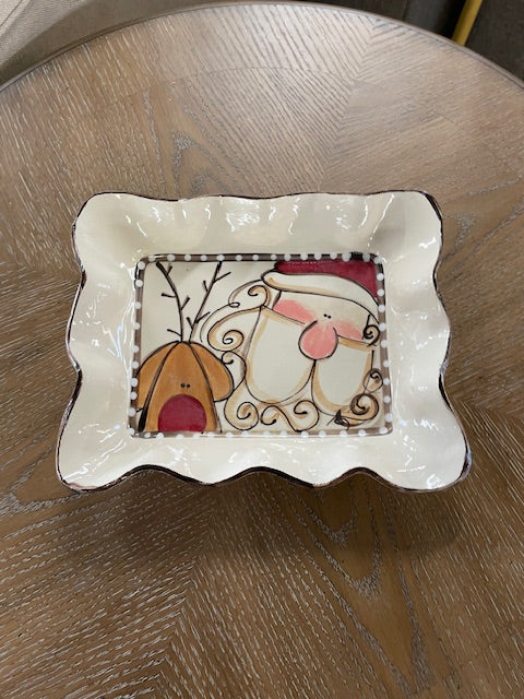 Rectangle Santa and Reindeer Scalloped Platter