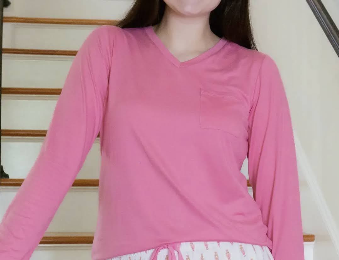 V-Neck Long Sleeve Pocket Tee - Pink