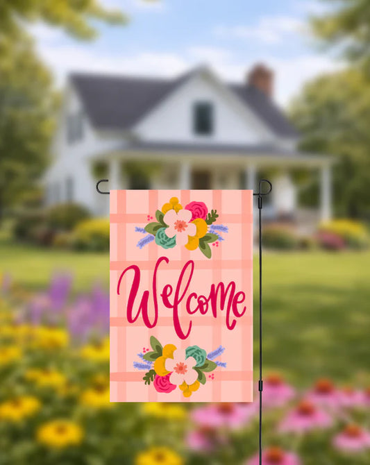 Pink Plaid Welcome Garden Flag