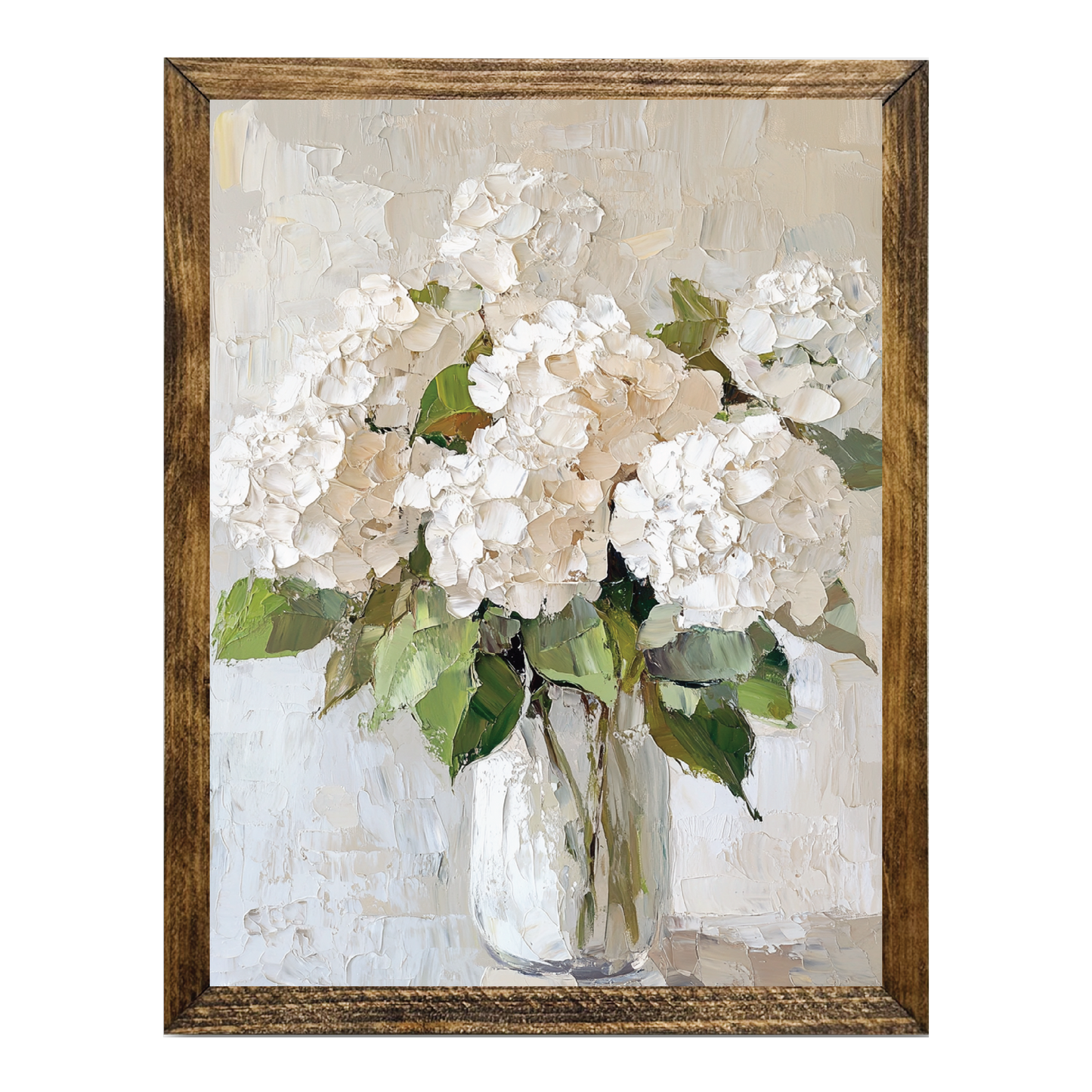 TIMBERLAND FRAME WHITE HYDRANGEA FLORAL ART IN GLASS VASE