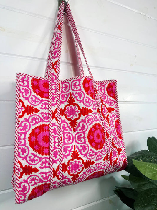 Red and Hot Pink Medallion Quilted Tote