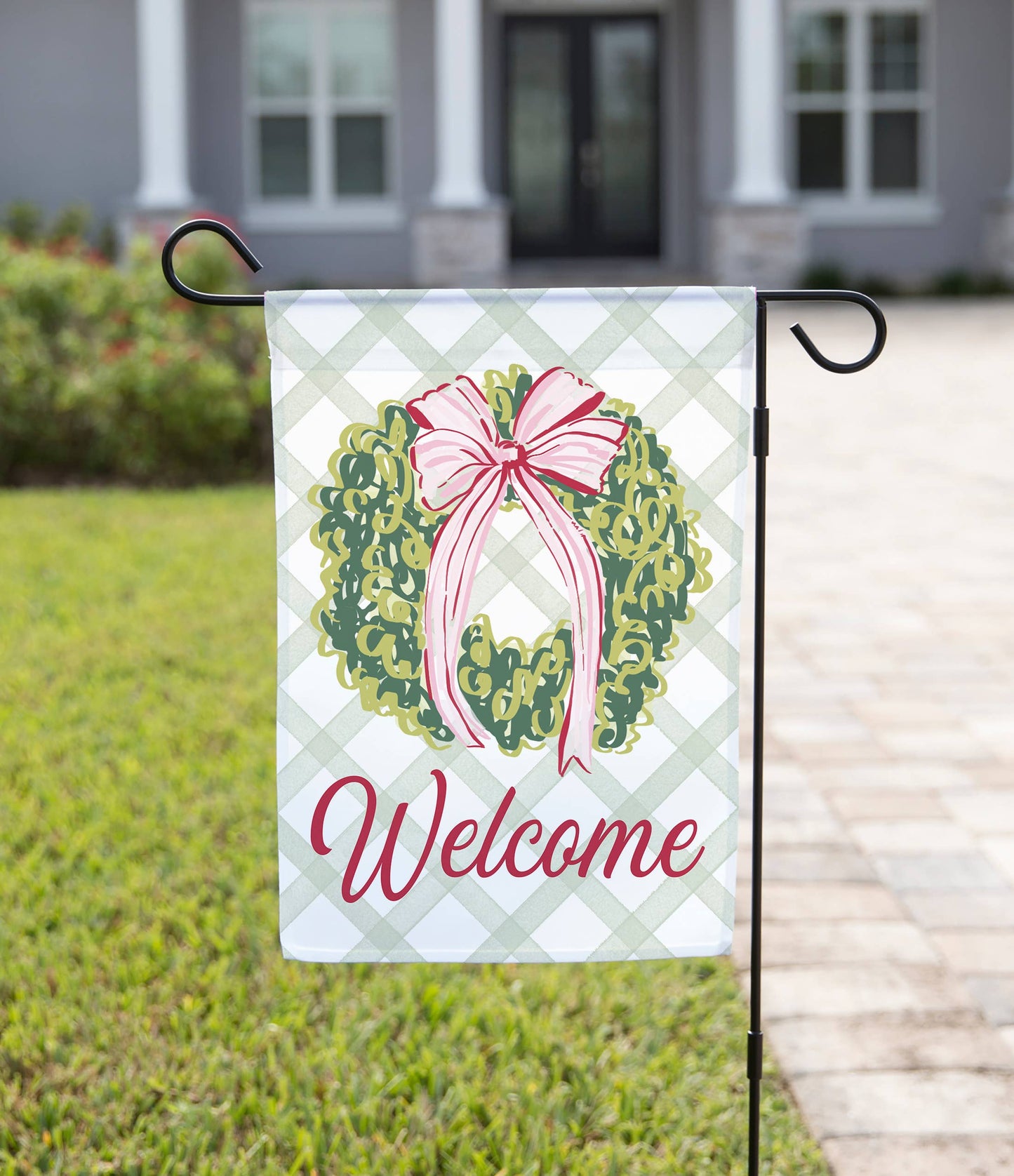 Garden Flag - Welcome Wreath with Pink Bow