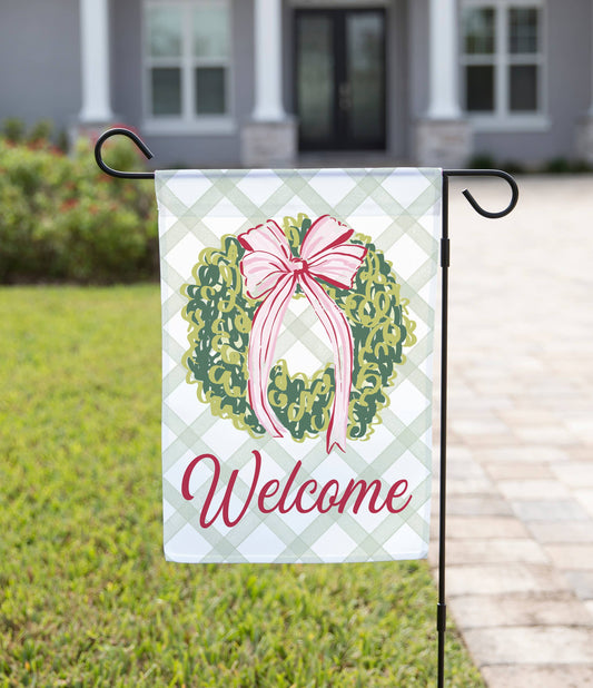 Garden Flag - Welcome Wreath with Pink Bow