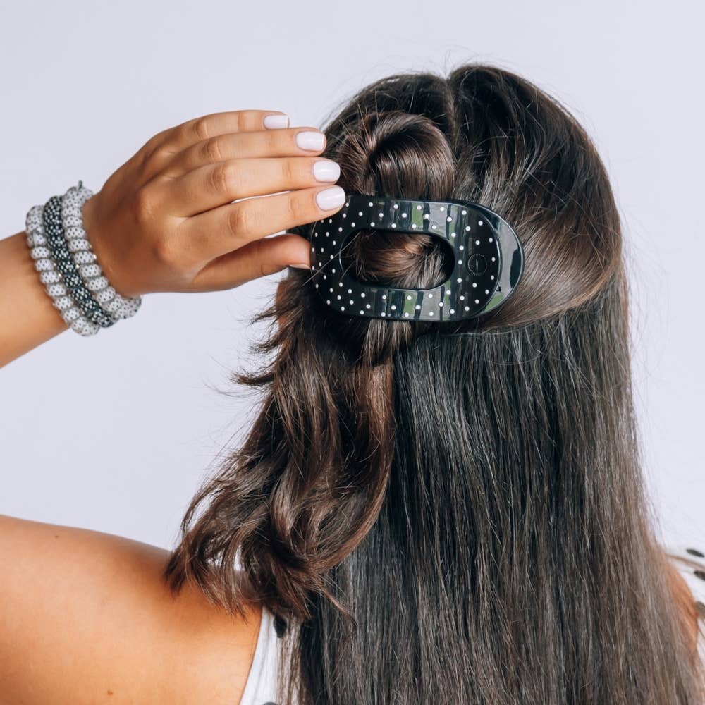 Teleties Flat Round | Black Polka Dot Party | Medium Hair Clip