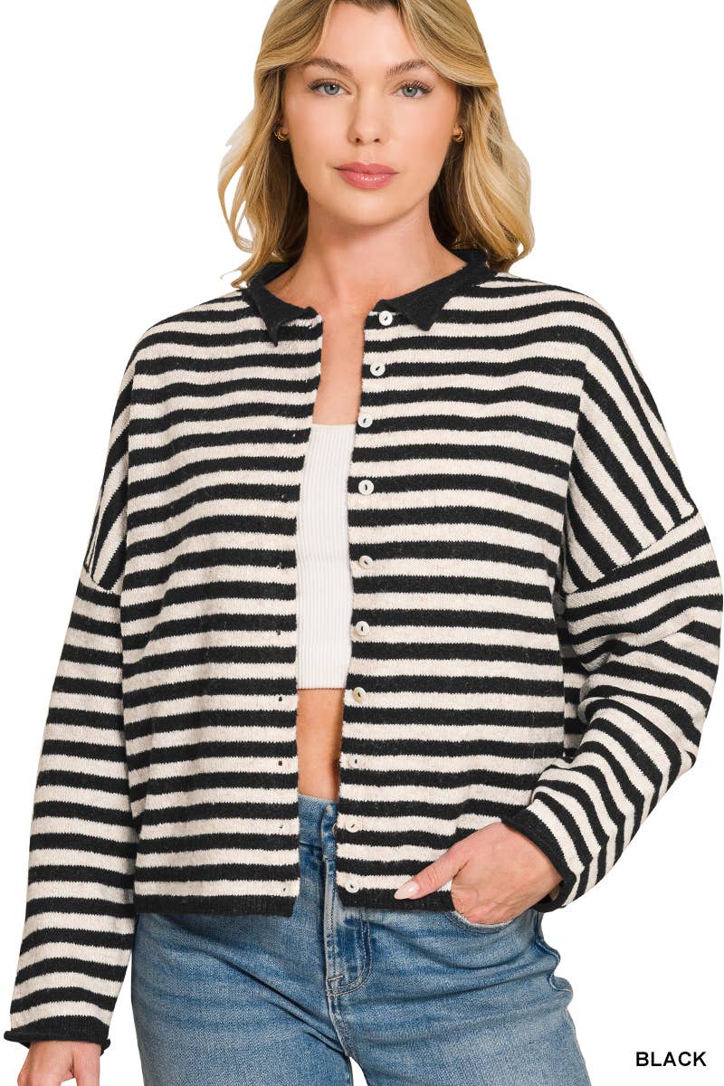 Striped Collared Button Down Sweater Cardigan